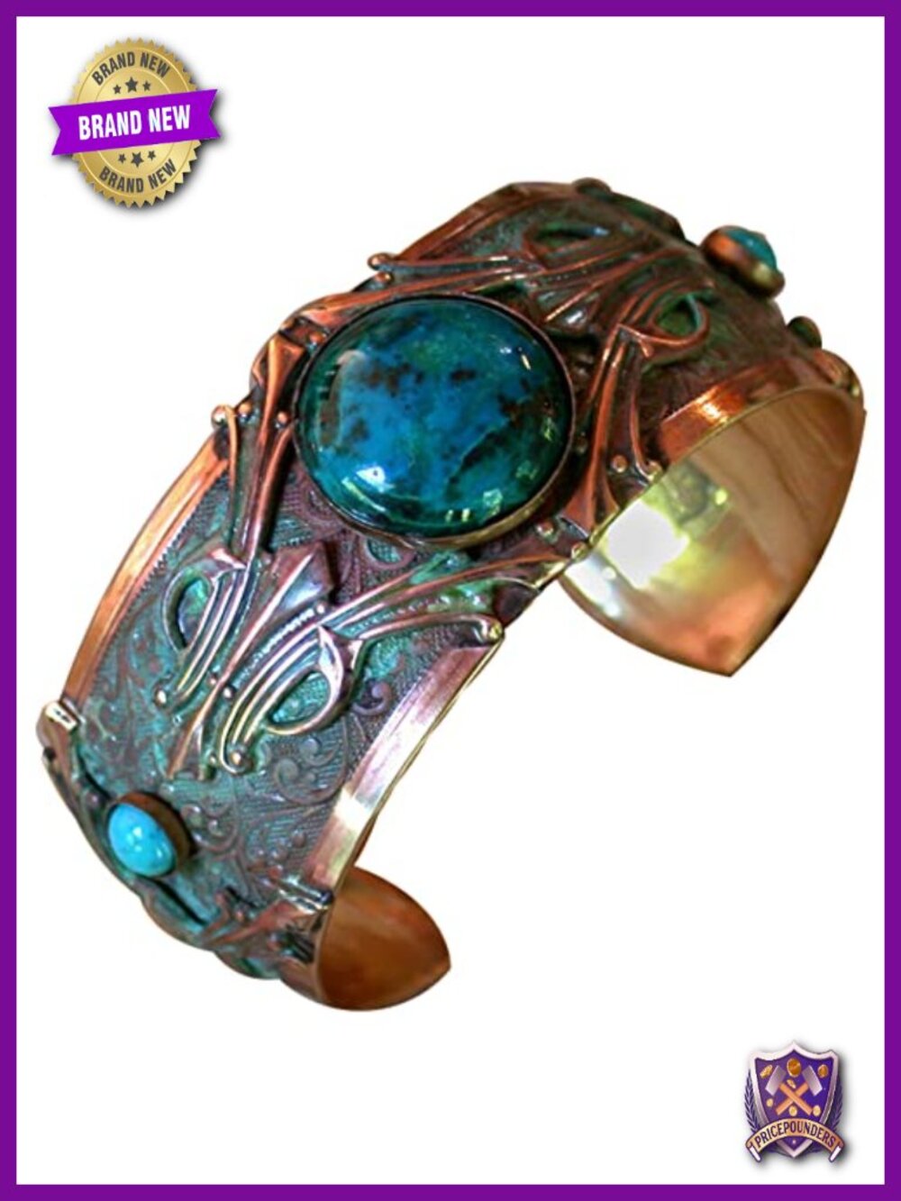 Handmade Art Deco Solid Brass Patina Cuff Bracelet with Chrysocolla Stone Wrap